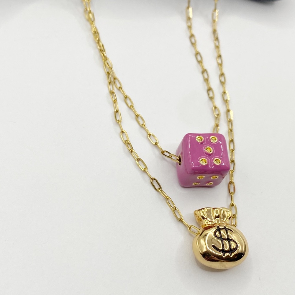 NEW Gold Money Bag & Pink Dice Layered Necklace - Picture 5 of 12